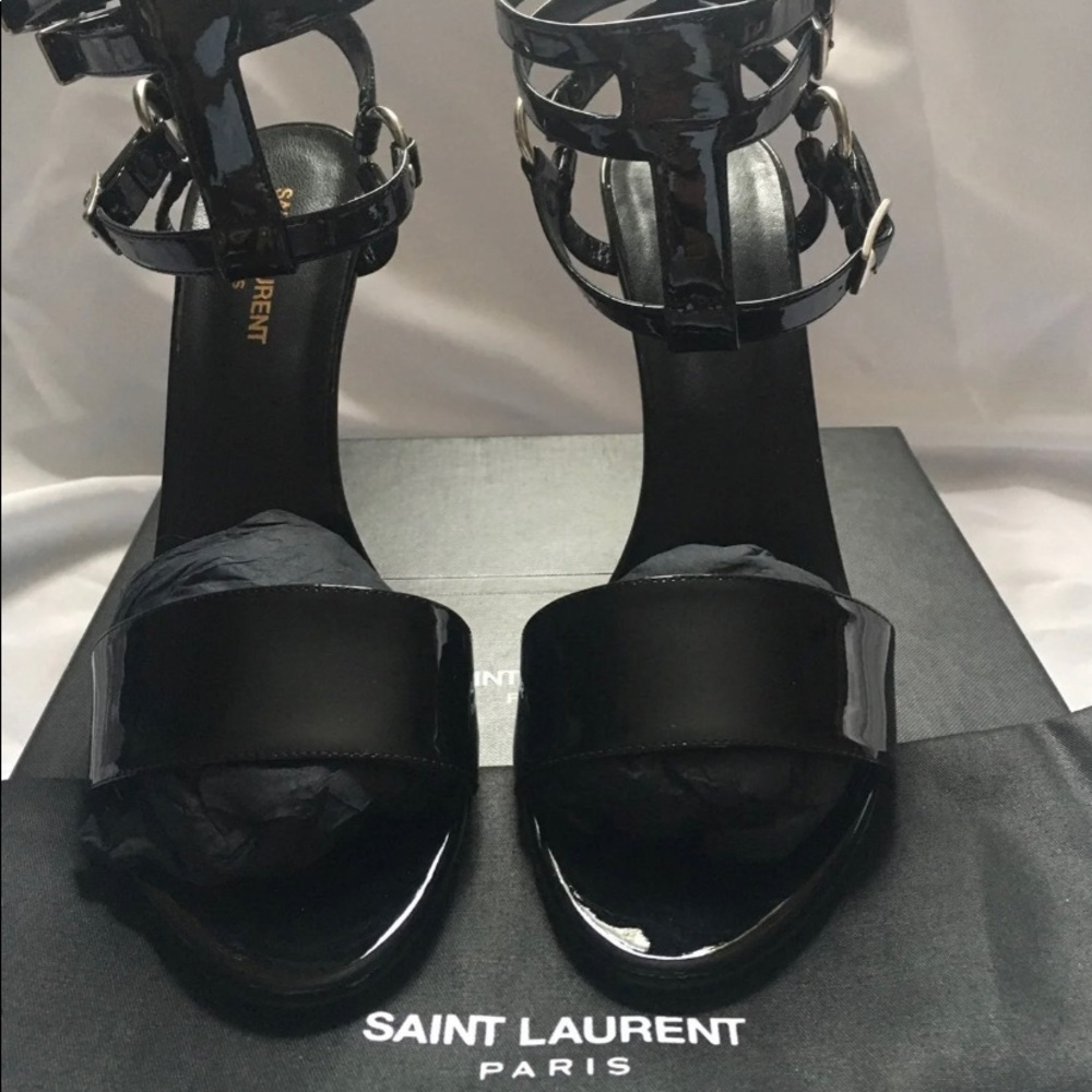 YSL black patent leather heel ankle straps sandal